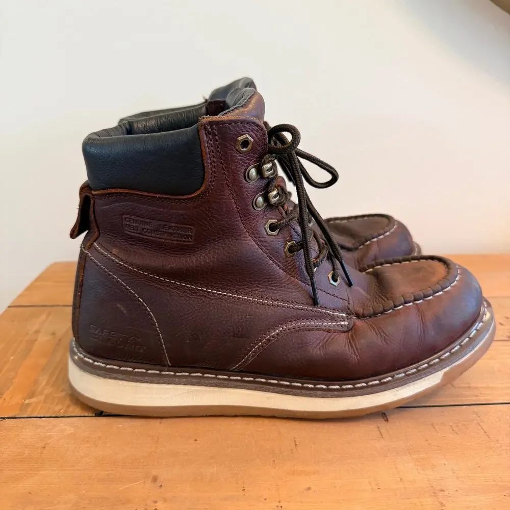Safety Loong Men's Moc Toe Work Boots Size 11.5 Brown Leather Wedge Sole